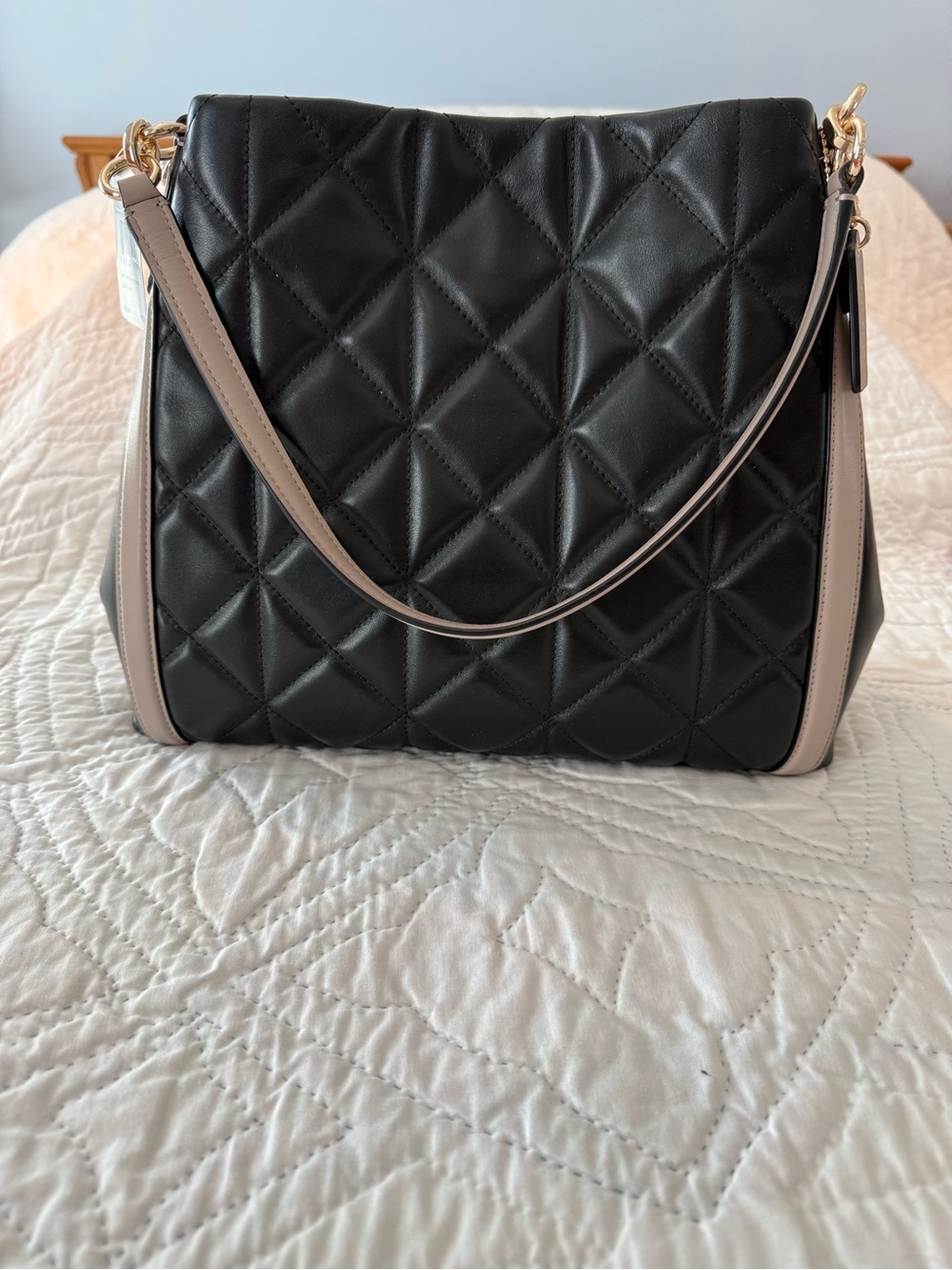 Coach Quilted Leather Black Phoebe Shoulder Bag with Taupe Trim